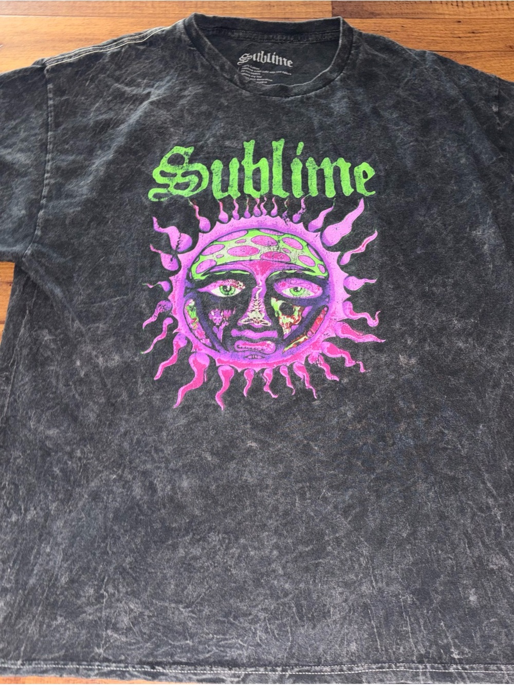 Sublime Black Acid-Wash Short Sleeve Tee with Neon Sun Graphic